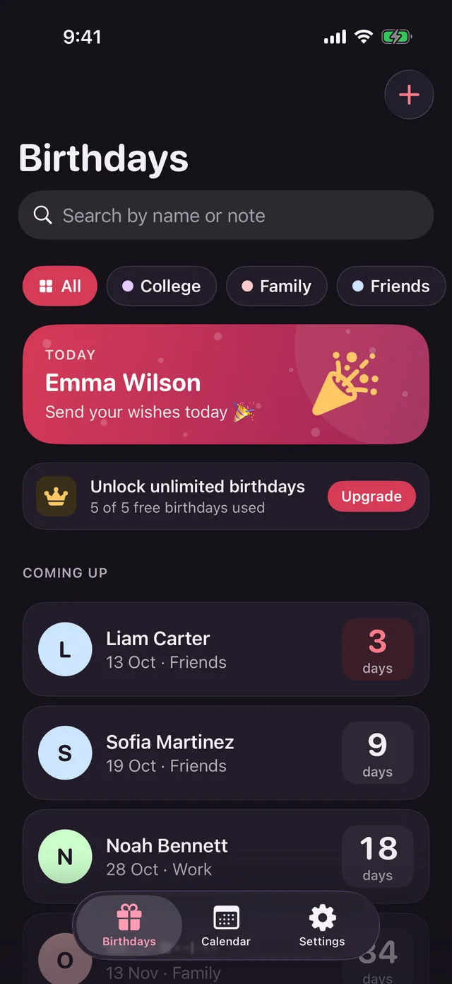 Birthday list in dark mode with group filters and days left for each person