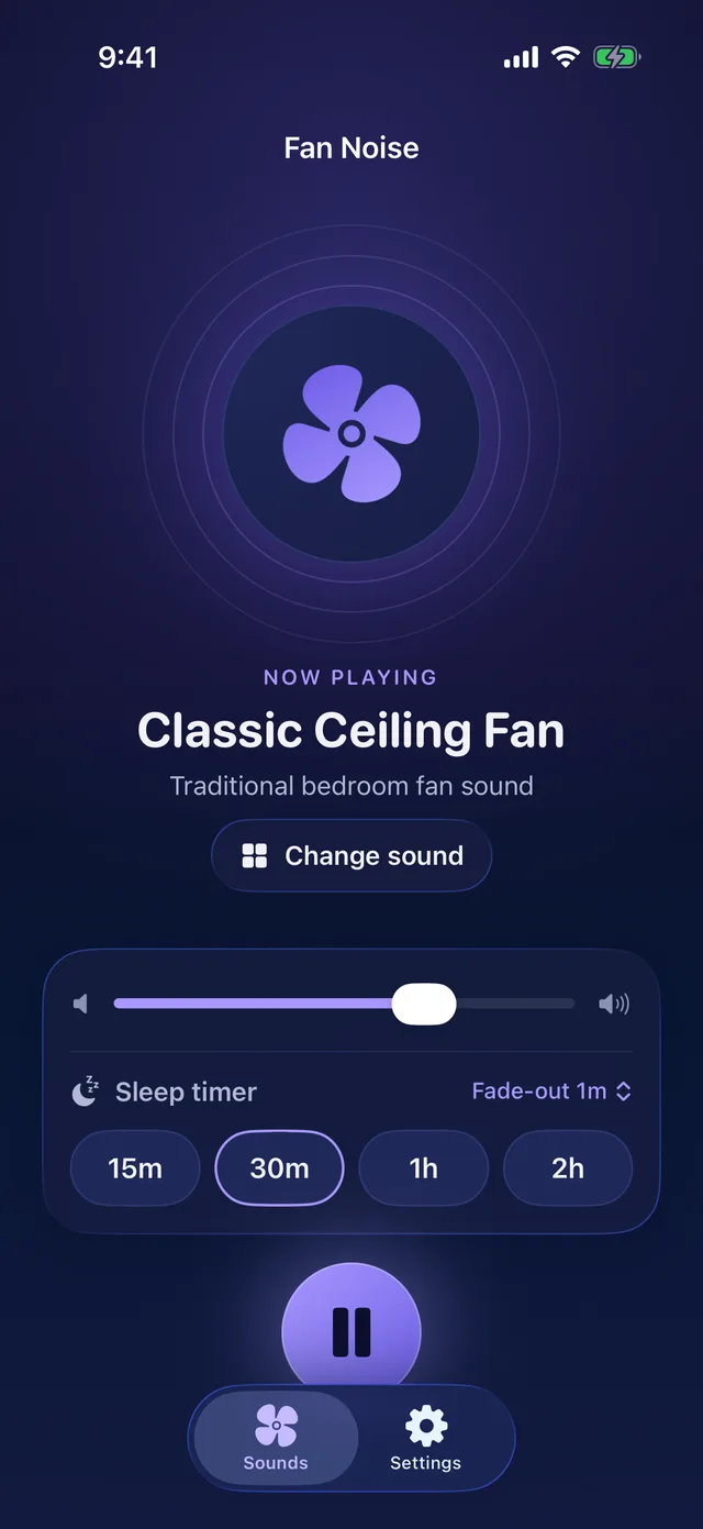 Fan Noise player with the Classic Ceiling Fan sound, volume and sleep timer