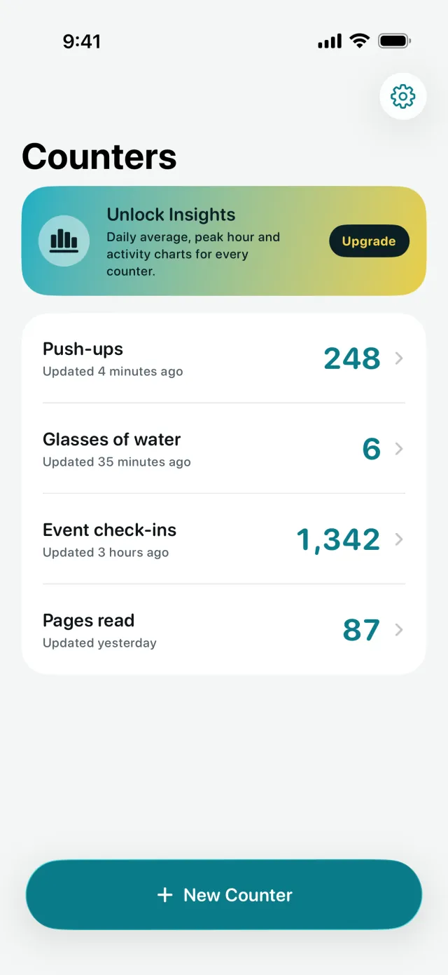 List of counters: push-ups, glasses of water, event check-ins and pages read
